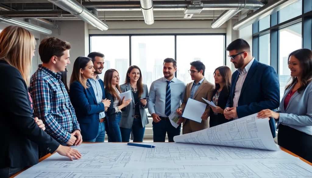 Engaged members of a construction association discussing plans in a well-lit office.