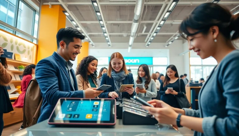 多様な顧客が来店する現代的な小売店でデモンストレーションされるキャッシュレス決済ソリューション