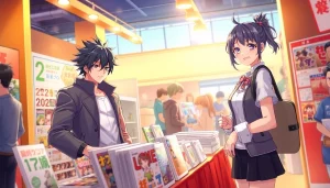 『新刊が×××なのは売り子のせいです』の登場キャラクターが漫画イベントで自らのアートを披露する様子を捉えたダイナミックな場面。