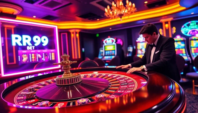 Experience RR99 bet excitement at a luxurious casino, featuring roulette and vibrant slot machines.