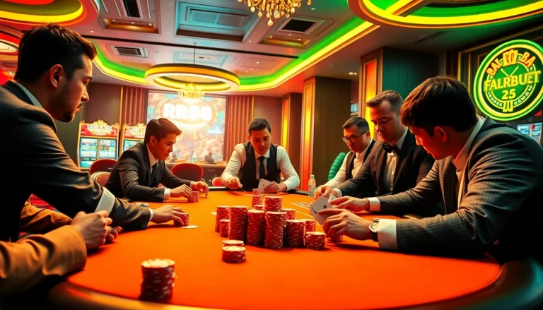 RR88 poker players engaged in high-stakes action at a luxury casino table.
