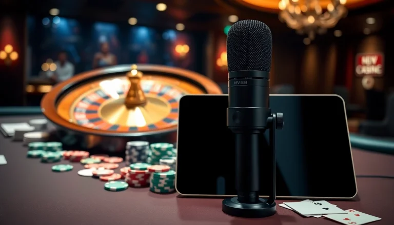 MV88 microphone featured in a luxury casino setting with roulette wheel and poker chips.