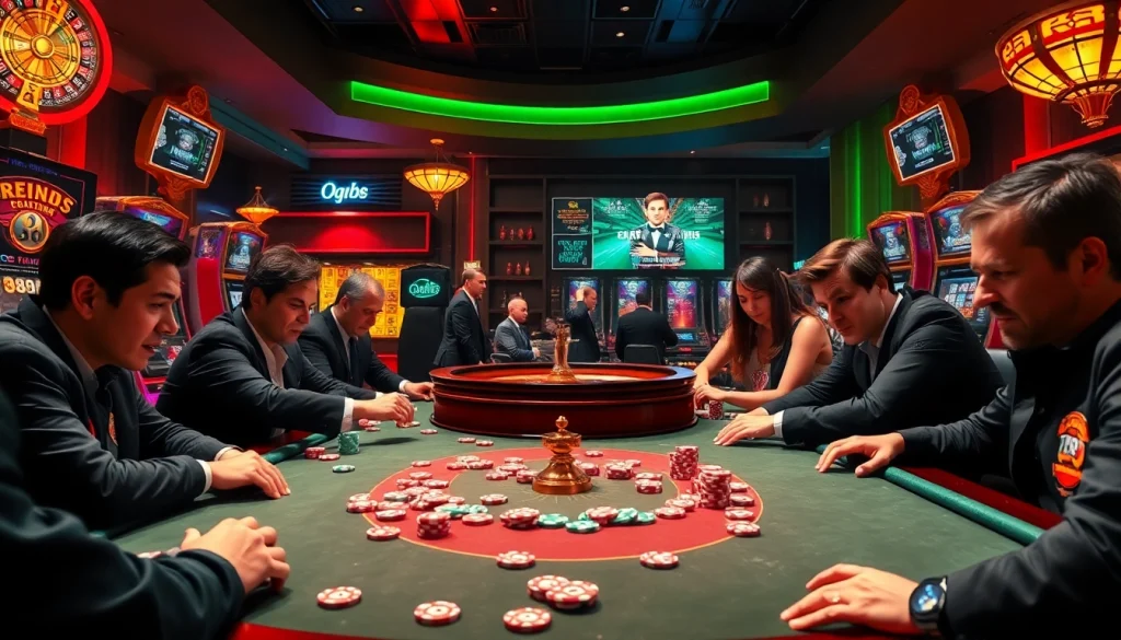 Players engaged in a thrilling poker game at QQ88's vibrant casino, showcasing excitement and luxury.