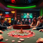 Players engaged in a thrilling poker game at QQ88's vibrant casino, showcasing excitement and luxury.