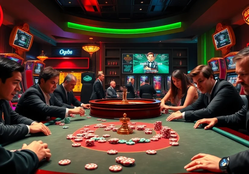 Players engaged in a thrilling poker game at QQ88's vibrant casino, showcasing excitement and luxury.