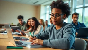 Engaging remote exam assistance setup with students collaborating in a bright environment.