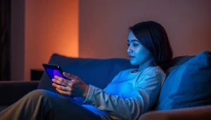 Engaging user with nsfw ai girlfriend on modern device in cozy ambiance