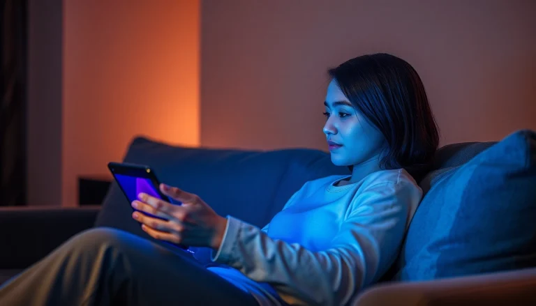 Engaging user with nsfw ai girlfriend on modern device in cozy ambiance