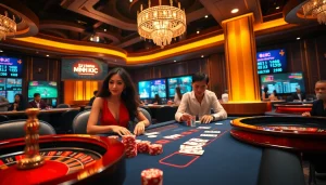 Gambling excitement at Liên minh KJC showcasing a luxurious poker game with glamorous players.