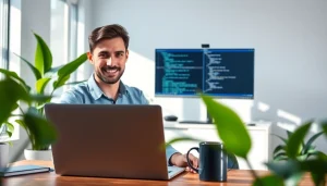 Remote software development jobs featured in a modern home office environment.