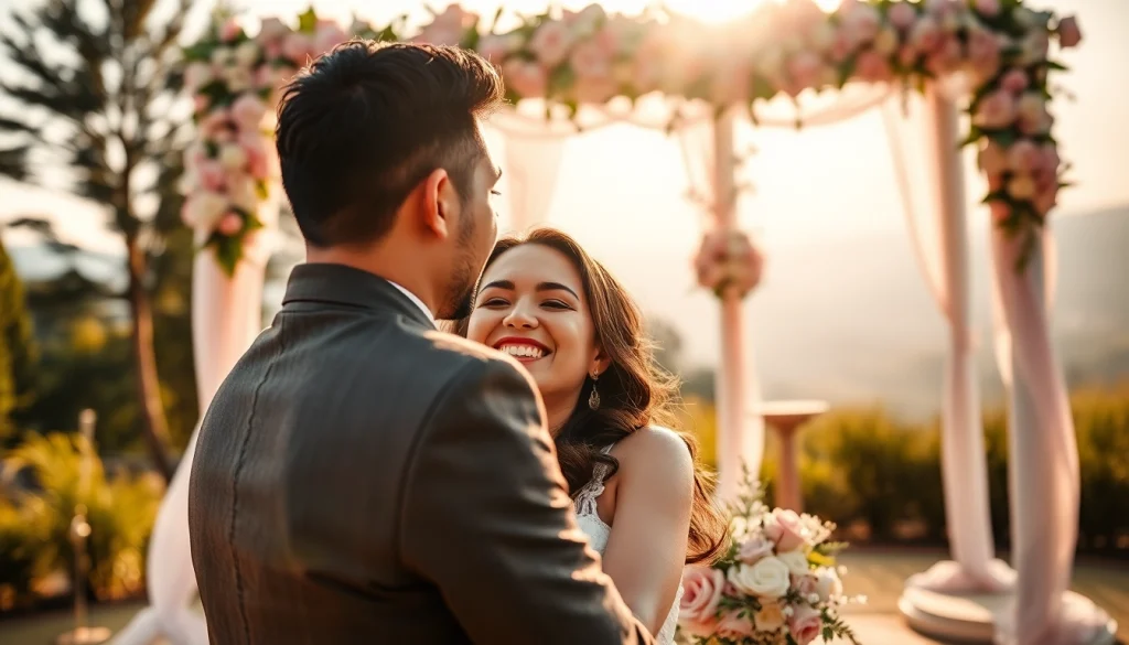 Wedding photographer capturing a romantic moment between a couple in a beautiful outdoor setting.