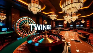 Engaging players at TWIN68's luxurious casino featuring roulette and poker tables.