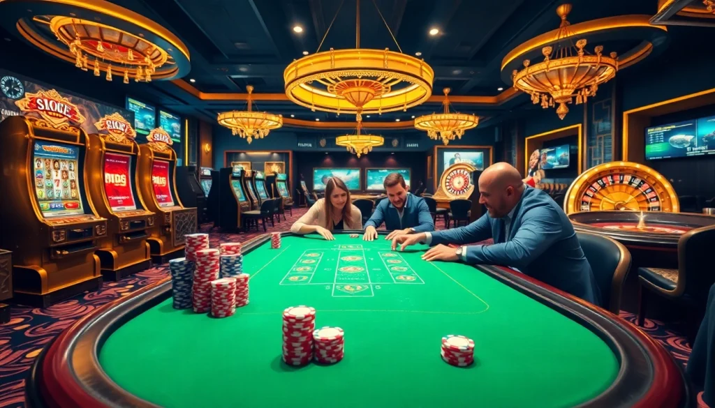 Participez à des jeux passionnants dans un casino en ligne avec des tables de poker, des jetons et des machines à sous vibrantes.