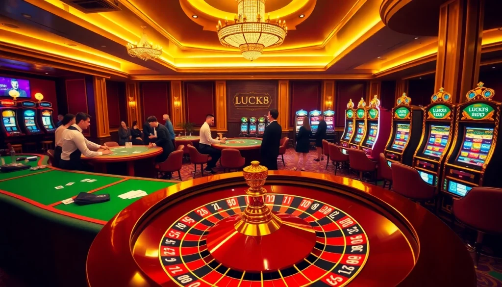 LUCK8 casino table with engaging dealers and vibrant slot machines creating an exciting gambling atmosphere.