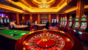LUCK8 casino table with engaging dealers and vibrant slot machines creating an exciting gambling atmosphere.