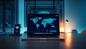 展示全球连接与速度特性的快连下载界面，适用于现代数字工作空间。