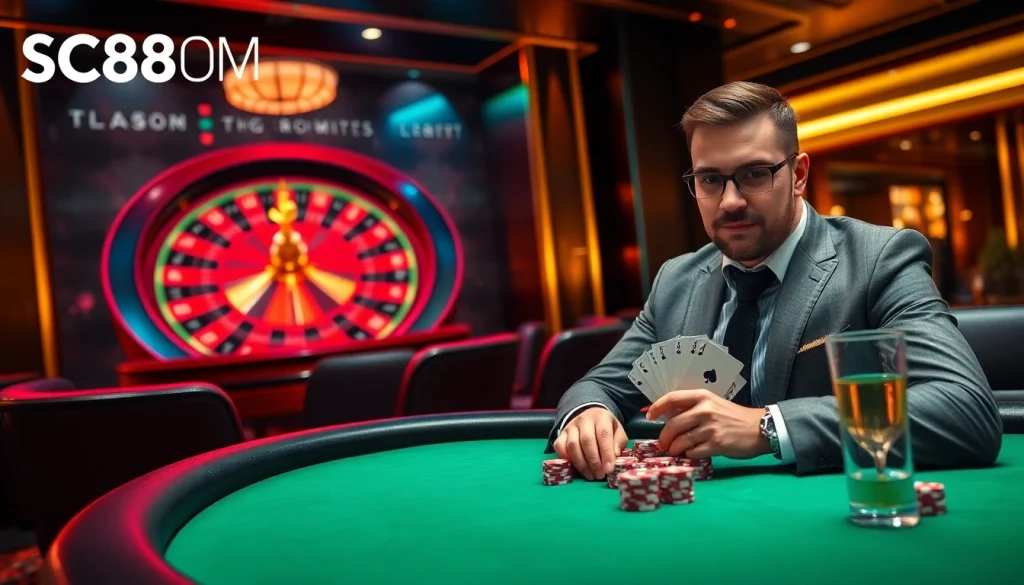 Experience the thrill of SC88COM with a luxurious poker scene and roulette glow.