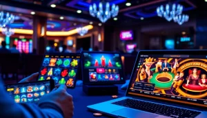 Interactive gaming scene showcasing 23 WIN's online casino platform on multiple devices.