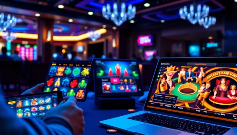 Interactive gaming scene showcasing 23 WIN's online casino platform on multiple devices.