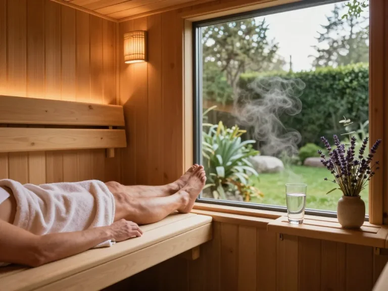 Relaxing moment in a sauna configurator setting with soothing lighting and aromatic plants.