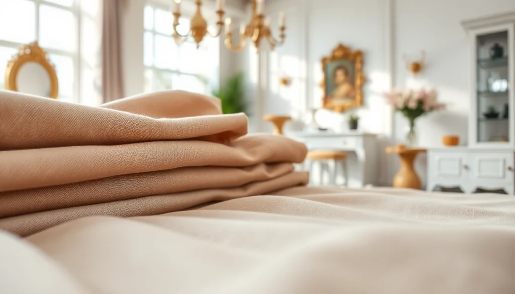 Goedkope linnen stoffen in een sfeervolle showroom met rijke texturen en kleuren.