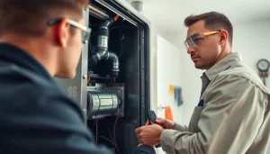 Technician performing furnace repair near me in a modern home environment, showcasing dedication.