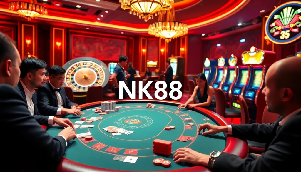 Experience high-stakes action at an NK88 poker table surrounded by enthusiastic players.