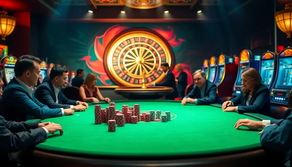 Engage in high-stakes poker at https://da88.education/, featuring a luxurious casino table filled with poker chips.