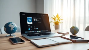 在现代工作区的一台时尚笔记本电脑上，展示全球连接性和用户友好设计的快连下载。