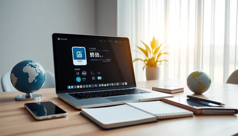 在现代工作区的一台时尚笔记本电脑上，展示全球连接性和用户友好设计的快连下载。