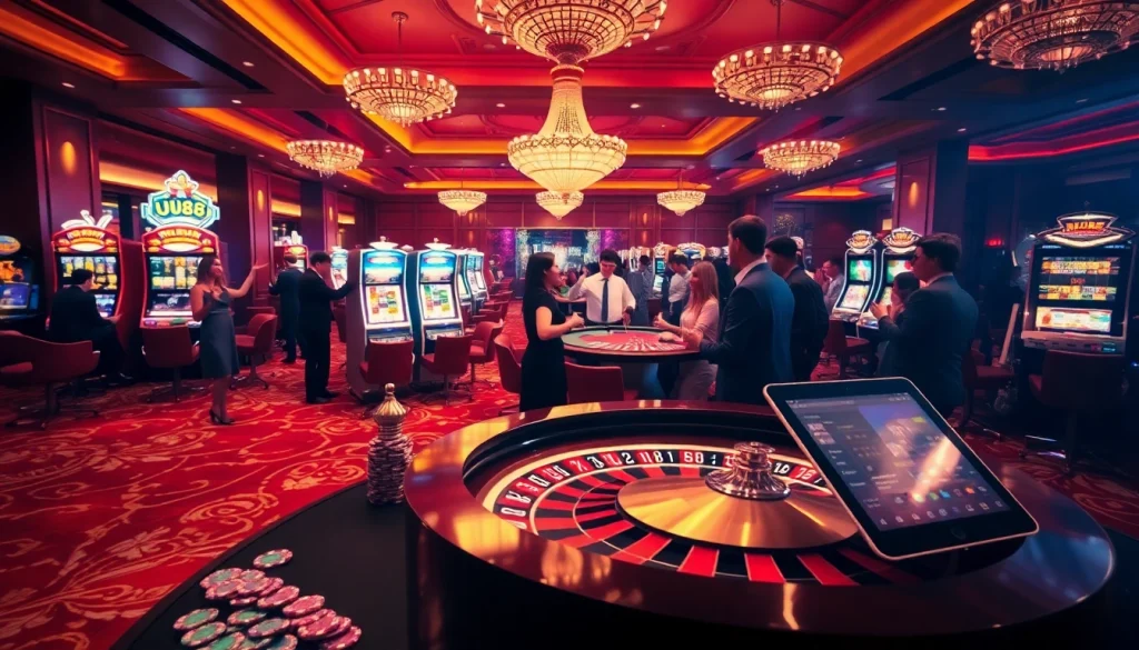 Players celebrating a win at UU88 casino tables with vibrant colors and lively atmosphere.