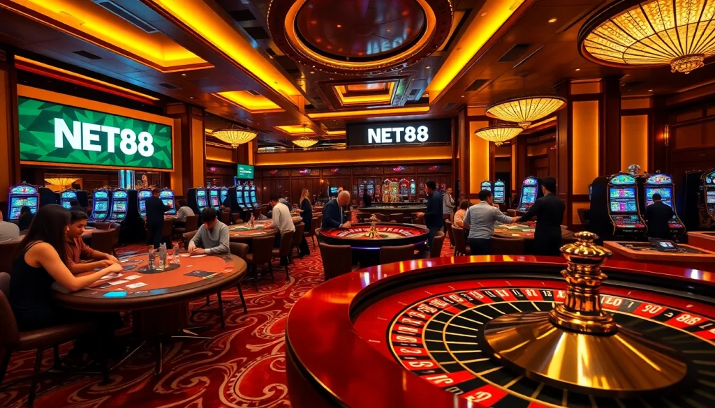 NET88 casino scene with players at poker tables and roulette wheel.