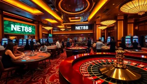 NET88 casino scene with players at poker tables and roulette wheel.