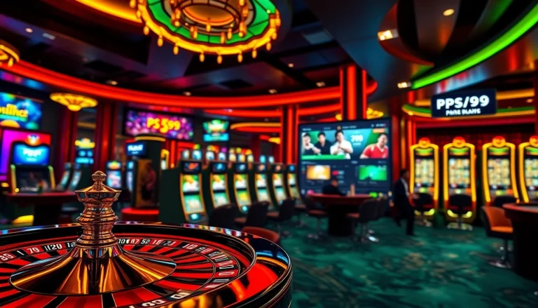 Dynamic gambling scene showcasing PS99 online betting interface with roulette and poker elements.
