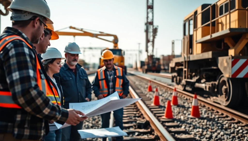 Skilled railroad contractors collaborating on a construction site with heavy machinery and blueprints.