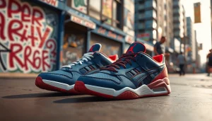 레플리카 운동화를 도심 배경에서 매력적으로 보여주는 이미지