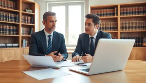 Fachanwalt Arbeitsrecht berät Kunden am Schreibtisch über rechtliche Dokumente.