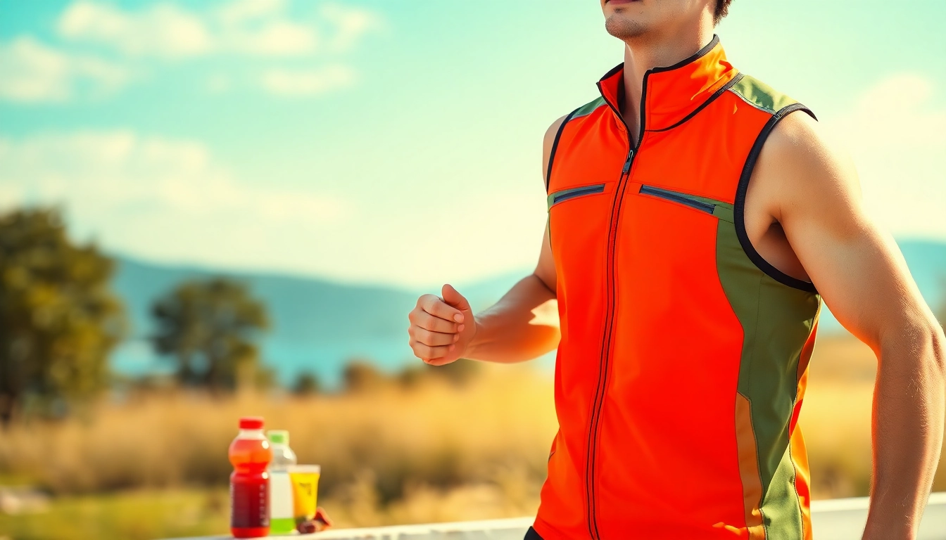 Sporty individual wearing a running vest during a vibrant outdoor run, showcasing its features.