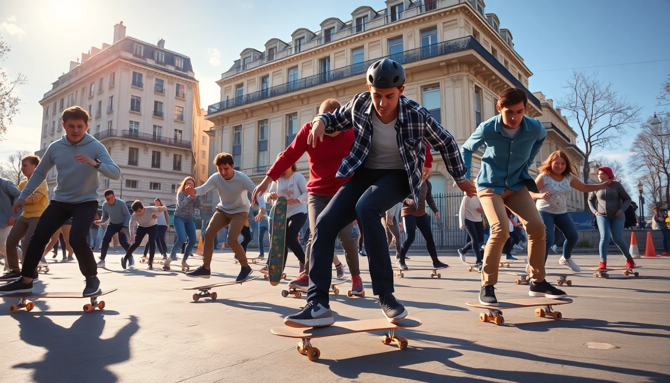 Engaged participants in a Skate class Paris navigating urban skateparks with expert guidance.
